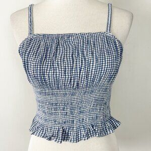 Women's Milkmaid Blue Gingham Smocked Ruffle Top Preppy Summer Size XS